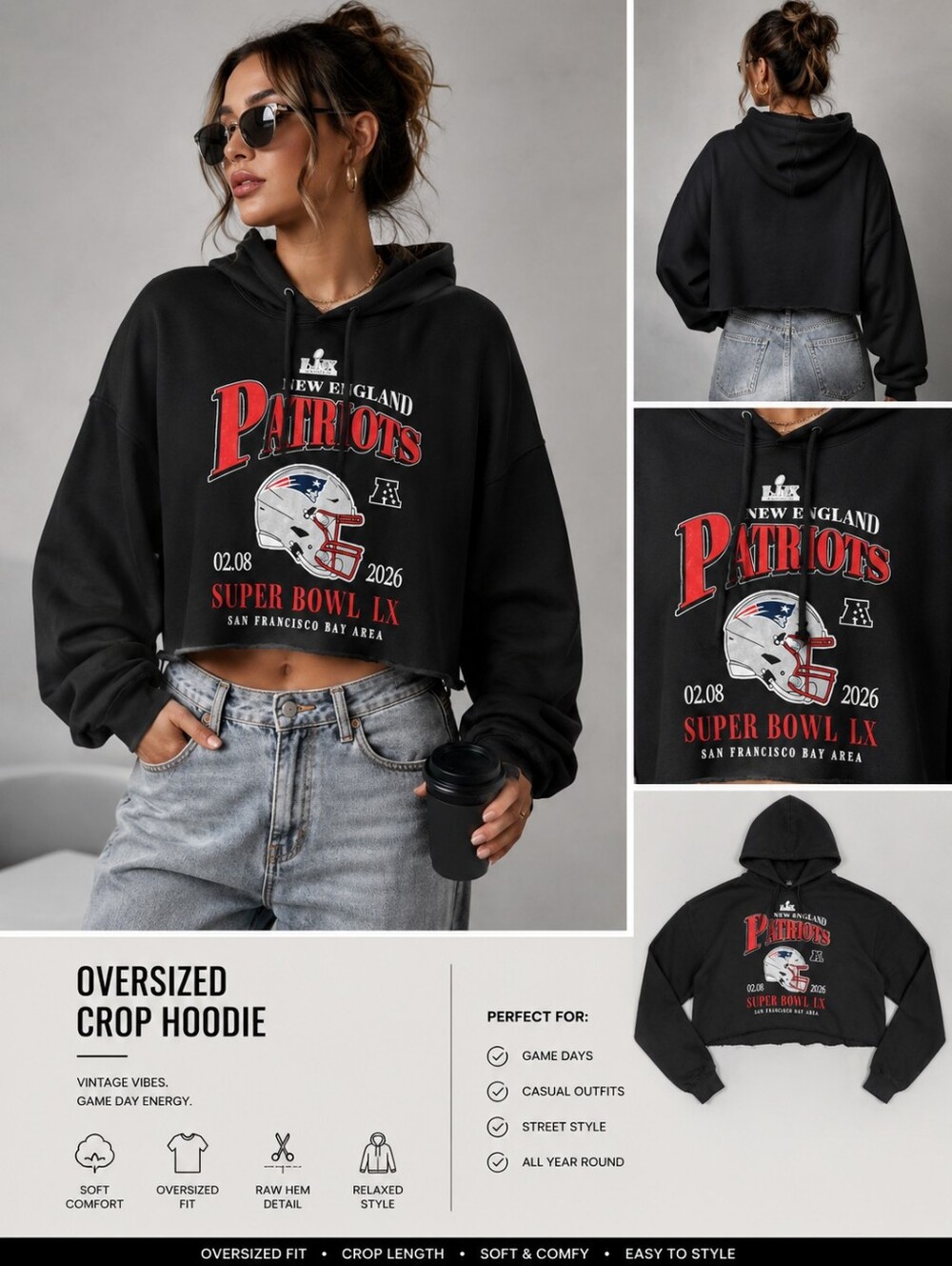 WEAR by Erin Andrews Patriots Super Bowl LX Cropped Hoodie Women’s L NWT